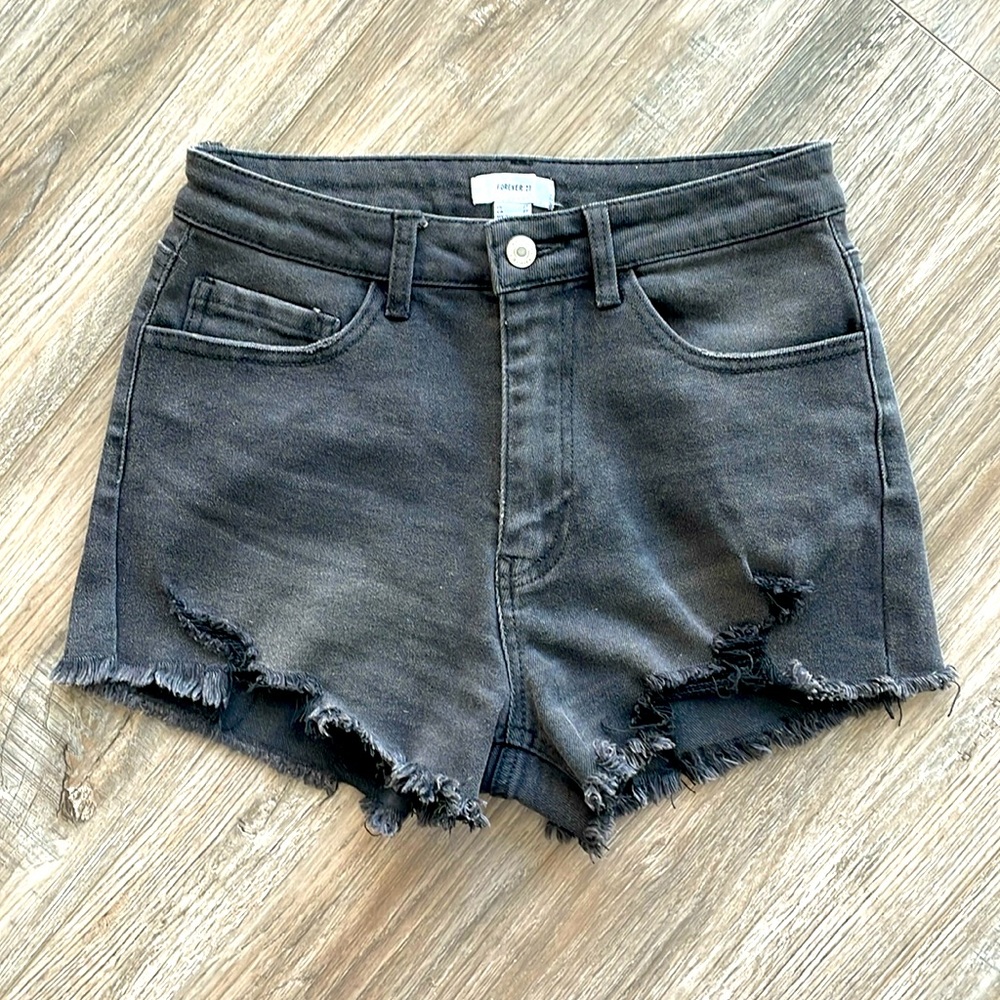 F21 Distressed black high waisted denim shorts
